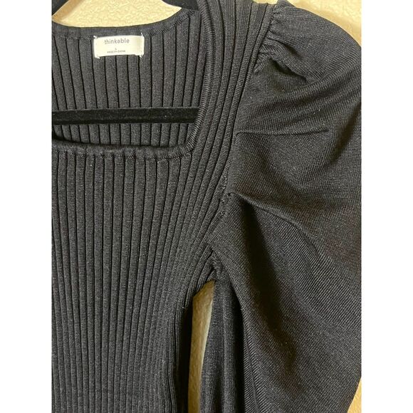 Thinkable Black Sweater Puff Sleeve Bodysuit Large Rusched Whimsigoth Cozy - Picture 4 of 7